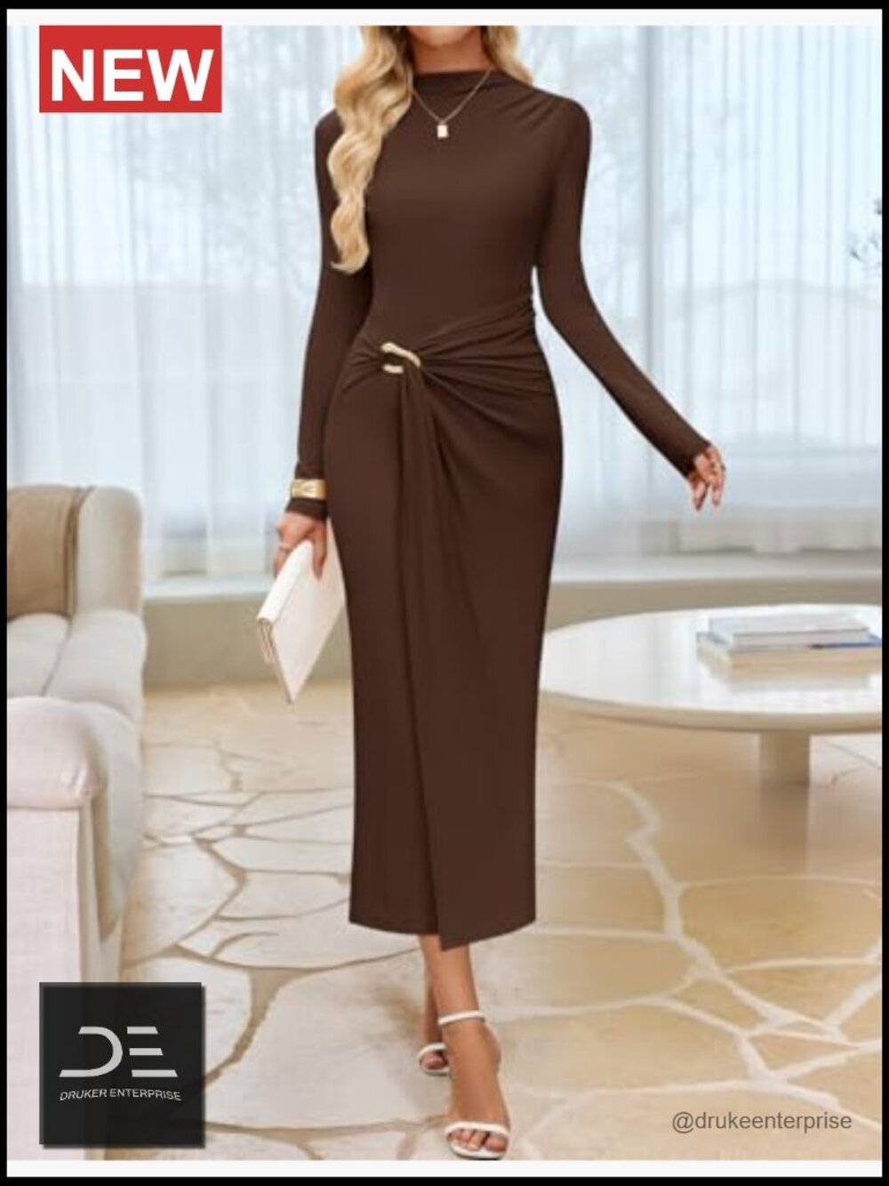 Long Sleeve Mock Neck Bodycon Midi Dress Cocktail Party Wedding Guest - Picture 2 of 7